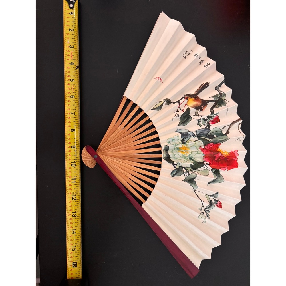 Vintage Chinese Hand Fan Bamboo Paper Bird Peony Floral Hand Painted 13in
